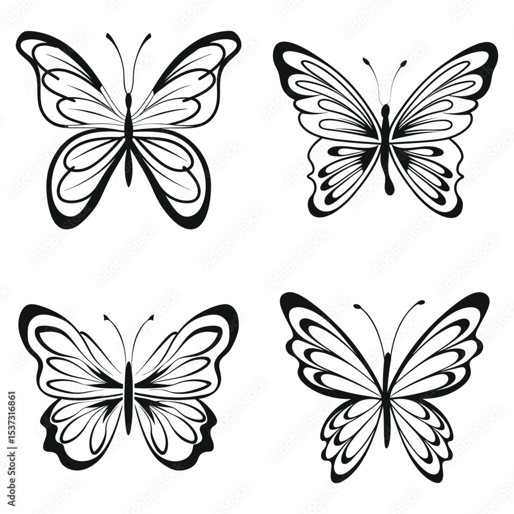 Fototapeta premium Elegant Butterfly Silhouette Vector Set for Tattoo and Design Art