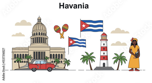 Havania travel concept with historical capitol building, cuban flags, and local culture elements vector illustration