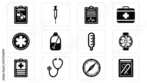 Collection of black and white medical icons representing healthcare and hospital supplies