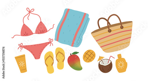 Summer beach essentials with bikini, towel, and tropical fruits for a sunny getaway vector illustration