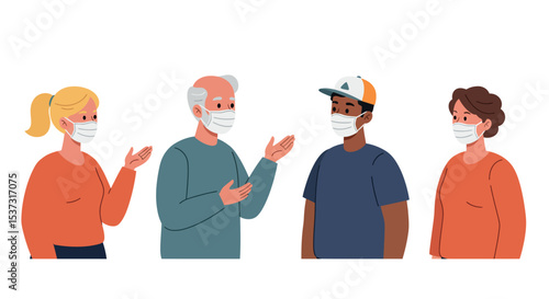 Group discussion with diverse people wearing masks for safety and health precautions vector illustration