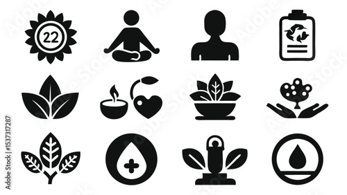 Collection of black icons representing nature health wellness and environmental consciousness