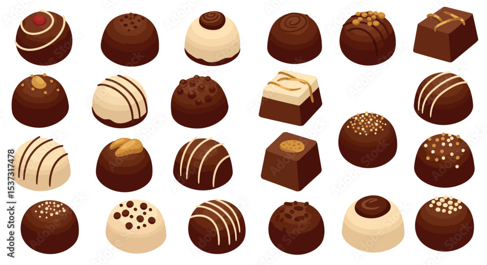 Assorted chocolate confections collection for gourmet tasting and gift ideas vector illustration Assorted chocolate confections collection for gourmet tasting and gift ideas vector illustration
