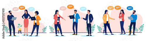 Businesspeople talking collection -  Diverse groups of professional people communicating and interacting, with speech bubbles representing various conversations and discussions. Flat design vector
