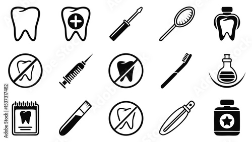 Collection of dental and oral hygiene icons in minimalist black and white style