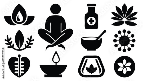 Collection of minimalist icons representing wellness holistic health and alternative medicine therapies
