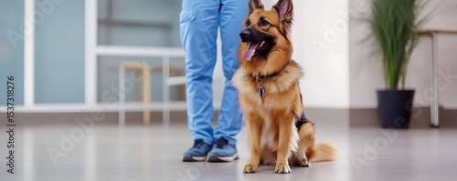 A loyal German Shepherd dog sits next to its owner in a modern indoor setting, showcasing the bond between humans and pets. Ideal for themes of companionship and training.