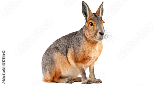 Portrait of a patagonian mara sitting upright with long ears and whiskers against a solid backdrop on transparent background