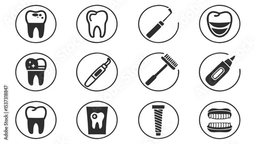 Dental care icons depicting various teeth treatments and tools in minimalist black and white