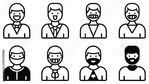 Diverse smiling people icons in black and white representing different professions and expressions