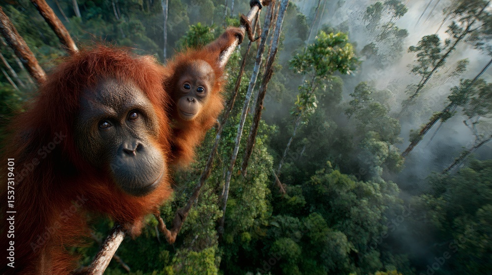 Obraz premium A heartwarming close-up captures an orangutan mother cradling her baby, their expressive eyes reflecting the deep connection they share in the jungle.