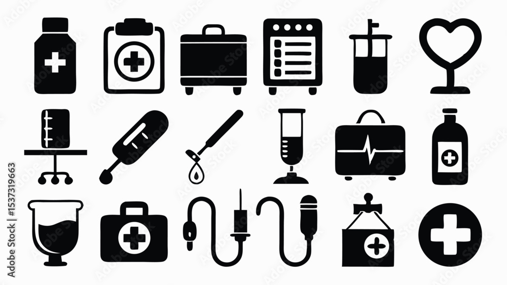 Monochrome medical icons representing healthcare, hospitals, treatments, and health services Monochrome medical icons representing healthcare, hospitals, treatments, and health services