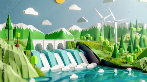 A conceptual view of Earth's renewable energy in sustainable water transportation, illustrated in a water transport vitality art style, Simplified paper art illustration of