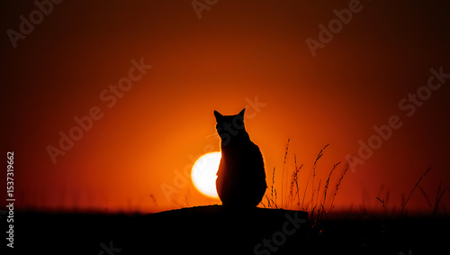 Silhouette of a cat at sunset watching the sun