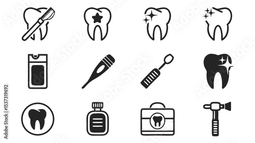 Set of black and white dental icons illustrating teeth, tools, and healthcare concepts