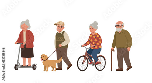 Active seniors engaging in outdoor activities with pets and bikes for a healthy lifestyle vector illustration