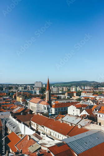 aerial view of the old town of kosice with colorful houses rooftops