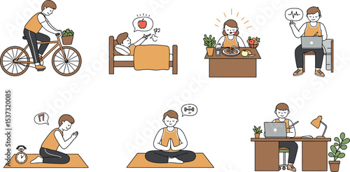 Daily healthy habits and activities for wellbeing and productivity vector illustration