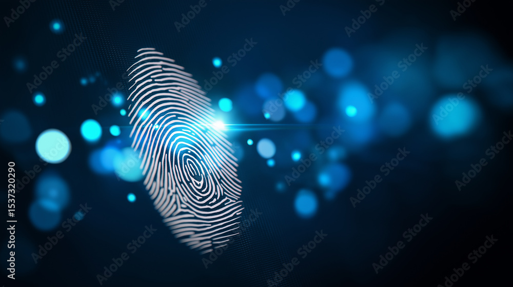 Finger touching digital fingerprint icon in biometric identification concept.
Finger touching digital fingerprint icon in biometric identification concept.