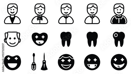 Simple dental care and human face icons set in a modern minimalistic black and white style