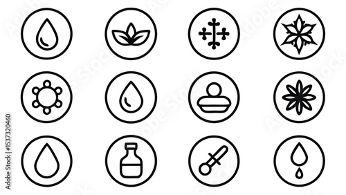 Twelve minimalistic icons representing natural elements and spa related symbols