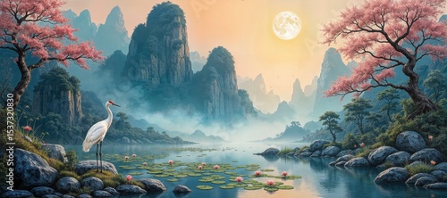 Chinese mountains, a graceful white crane in a lotus-filled river, lush blooms