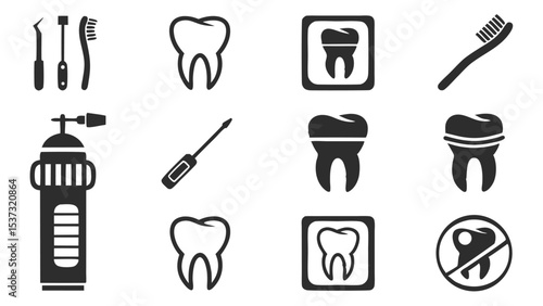 Vector illustration of dental care icons representing healthy teeth and dental tools.