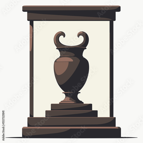 Trophy vase displayed in glass case on white background  