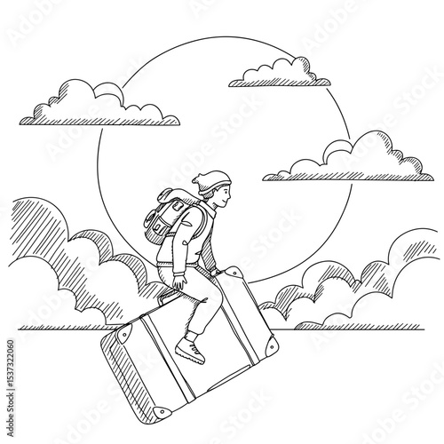 Young traveler carrying suitcase while floating in the clouds  