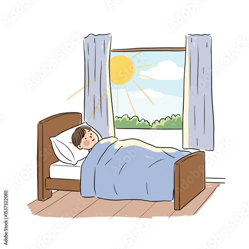Young boy sleeping peacefully in bed by the sunny window  