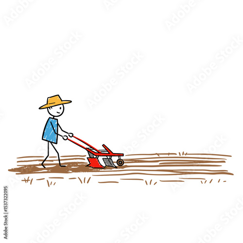 Farmer plowing field with a red tiller in a sunny environment  
