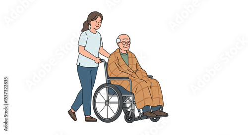 Caring companion assisting elderly man in wheelchair with blanket vector illustration