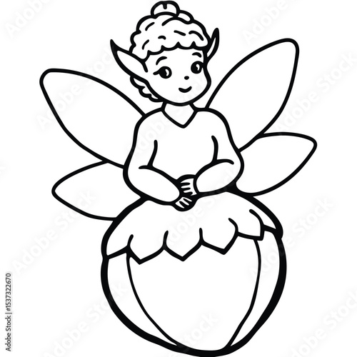 Cute fairy sitting on a mushroom line art