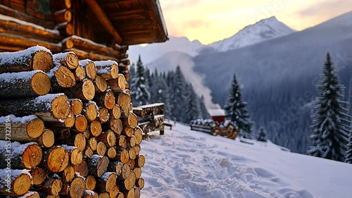 Wallpaper Mural Cozy winter scene with stacked firewood near a cabin, mountains in the background at sunset Torontodigital.ca