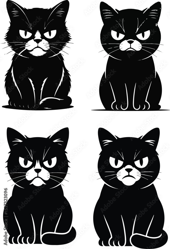 Obraz premium Four grumpy black cat illustrations in a sitting pose with angry expressions and isolated on white
