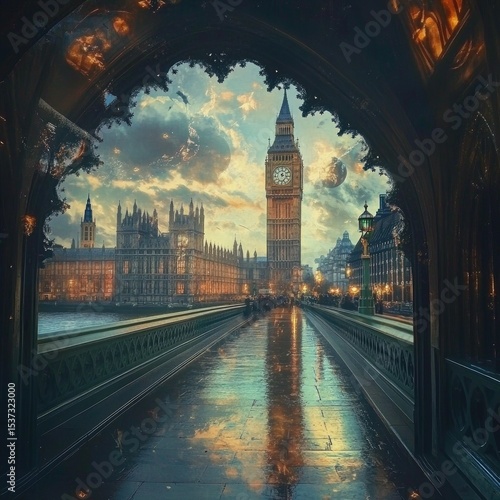 London Parliament, Rainy Evening, Archway View
