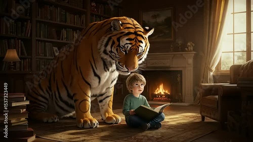 A young boy reading a book while a large tiger curiously watches him in a cozy library
