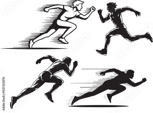Dynamic black and white illustrations of sprinters in full sprint action for athletic concepts