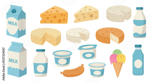 Dairy products collection featuring cheese, milk, yogurt, and ice cream for culinary design vector illustration