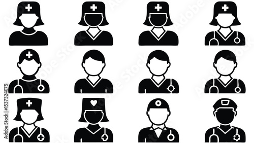 Black and white icon collection of healthcare professionals including doctors and nurses in uniforms