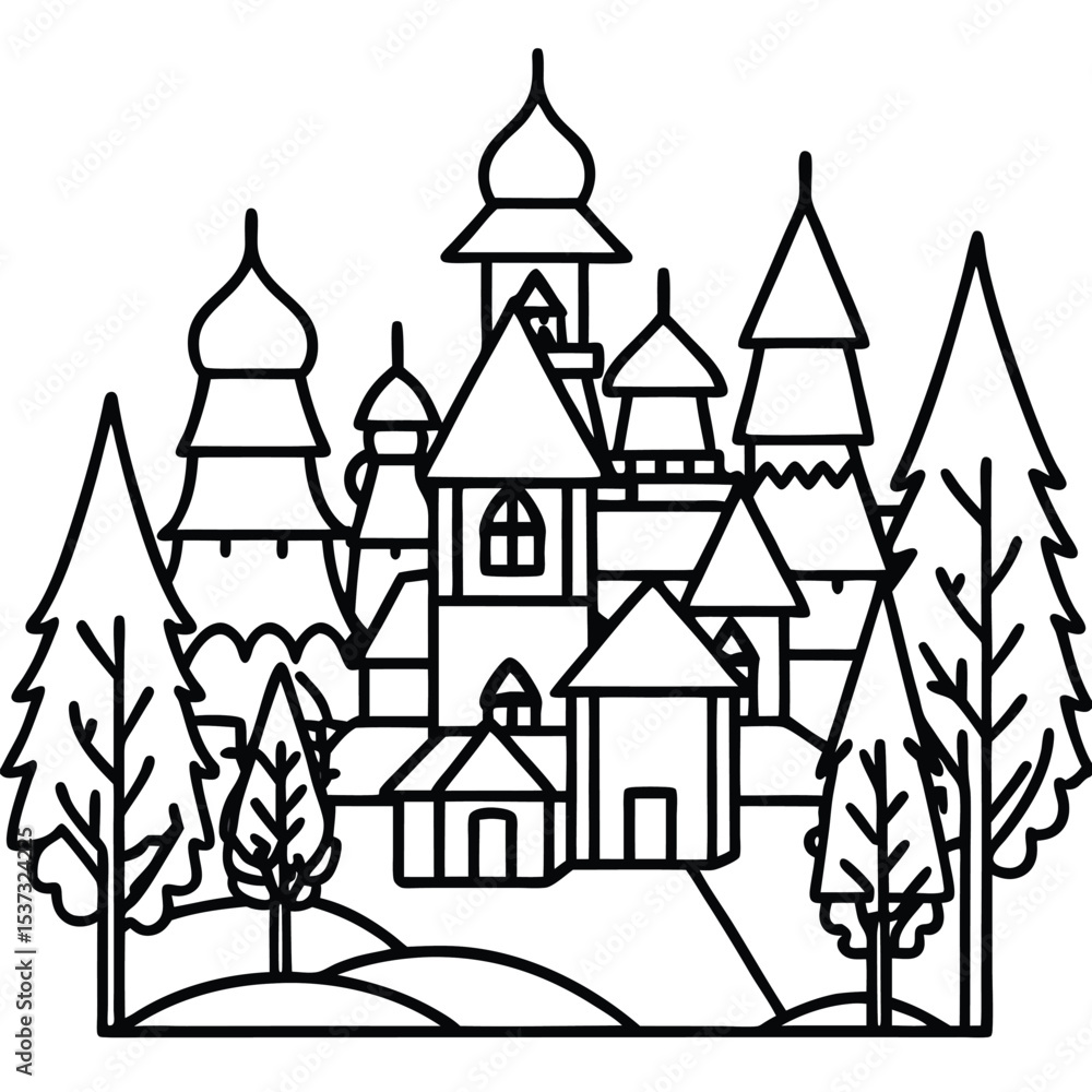 Fototapeta premium Line art illustration of a fairytale castle in a forest