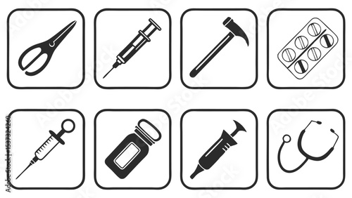 Black and white icons of medical instruments tools and pharmaceutical items