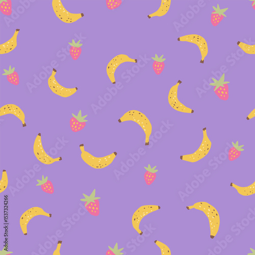 Seamless pattern with cute bananas and strawberries on a light purple background. Fun and fruity design perfect for kids' products, summer prints, and packaging. Flat cartoon style vector.