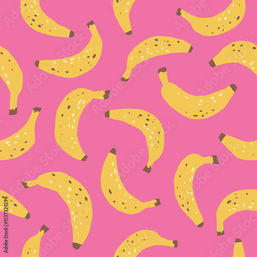 Seamless tropical banana pattern with speckled bananas on a vibrant pink background. Fun and summery design perfect for fabrics, accessories, and digital prints. Cartoon vector style.