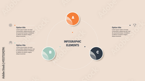 Business process chart infographics with 3 step circles. Round workflow graphic elements. Company flowchart presentation slide. Vector info graphic in flat design