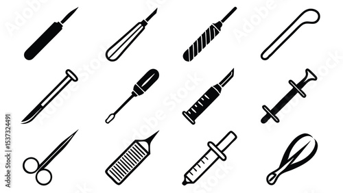 Black and white medical and surgical tools illustrations isolated on white background