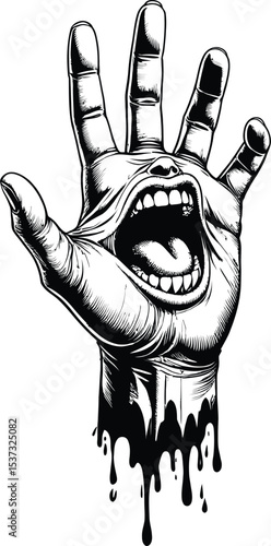 Hand with mouth vector art: screaming hand illustration in black and white drawing style silhouette