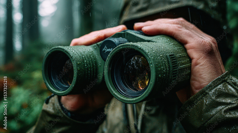 Fototapeta premium Man using green binoculars in the rain in forest.