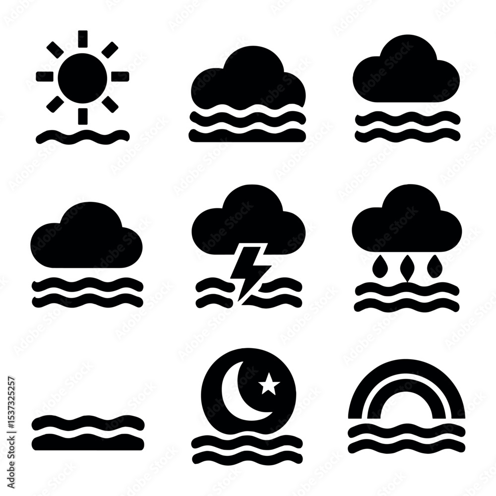 Coastal Weather Icons. Solid, filled icons set of coastal weather conditions: sunny, cloudy, windy, foggy, Coastal Weather Icons. Solid, filled icons set of coastal weather conditions: sunny, cloudy, windy, foggy,