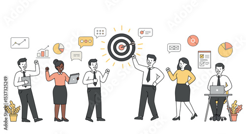 Business team achieving goals with collaborative success and innovation strategies vector illustration